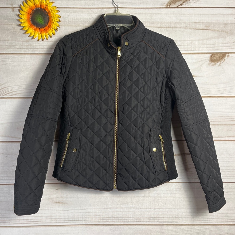 LOVE TREE Women's Black Quilted Bomber Jacket with Gold Zippers Size M‎